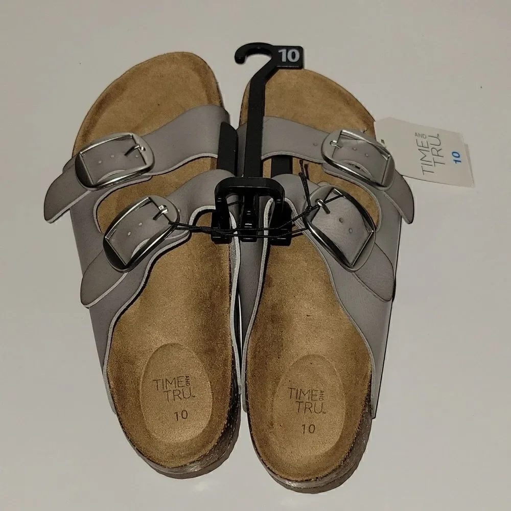 Time and Tru Women’s Footbed Sandals Metallic Silver Size 10